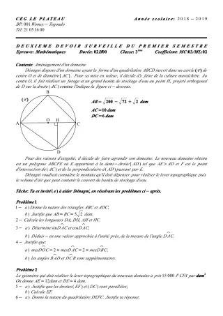 Première page de Mathématiques 3e ML — 2e devoir surveillé, 1er semestre (2018-2019) · CEG Le Plateau