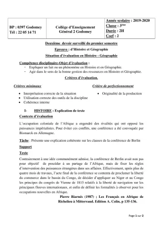 Première page de Histoire-Géographie 3e, 3e ML — 2e devoir surveillé, 1er semestre (2019-2020) · CEG2 Godomey