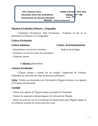 Première page de Histoire-Géographie 2nde A & B — 2e évaluation sommative, 2e semestre (2022-2023) · CEG2 ABOMEY - CALAVI (CEG ZOCA)