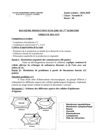 Première page de SVT 2nde D — 2e production scolaire, 1er semestre (2019-2020) · CEG GBEGAMEY