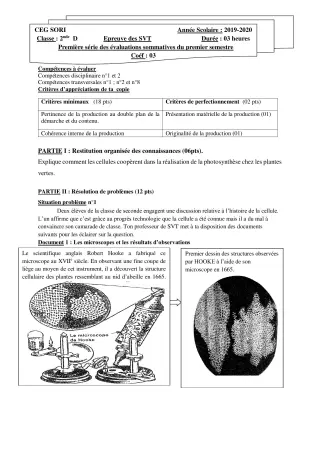 Première page de SVT 2nde D — 1re évaluation sommative, 1er semestre (2019-2020) · CEG SORI