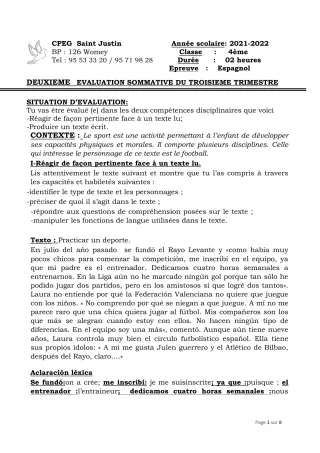 Première page de Espagnol 4e, 2nde A2, 2nde B, 1ère A2, 1ère B — 2e évaluation sommative, 3e trimestre (2021-2022) · CPEG SAINT Justin