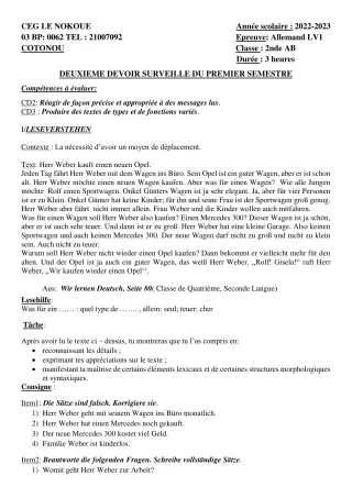 Première page de Allemand 2nde A1, 2nde A2, 2nde B — 2e devoir surveillé, 1er semestre (2022-2023) · CEG LE NOKOUE