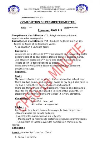 Première page de Anglais 6e — 1re composition, 1er trimestre (2020-2021) · CPEG La Minutie