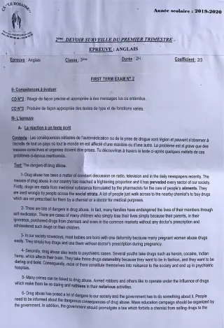 Première page de Anglais 3e, 3e ML — 2e devoir surveillé, 1er trimestre (2019-2020) · CPEG ROSAIRE