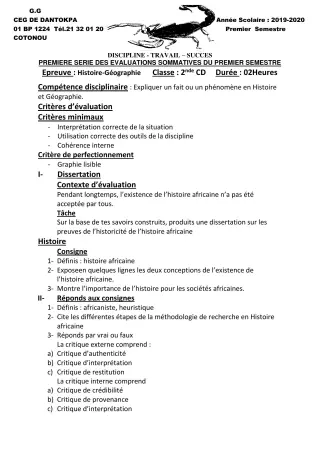 Première page de Histoire-Géographie 2nde C, 2nde D — 1re évaluation sommative, 1er semestre (2019-2020) · CEG Dantokpa