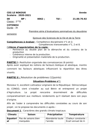 Première page de SVT 2nde D — Évaluation sommative, 2e semestre (2020-2021) · CEG LE NOKOUE