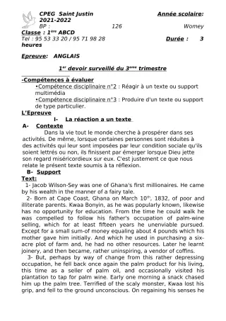 Première page de Anglais 5e, 1ère A2, 1ère B, 1ère C, 1ère D — 1er devoir surveillé, 3e trimestre (2021-2022) · CPEG SAINT Justin