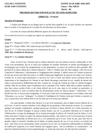 Première page de Français Tle A2, Tle B, Tle C, Tle D — 1er devoir surveillé, 2e semestre (2018-2019) · CEG L'Entente