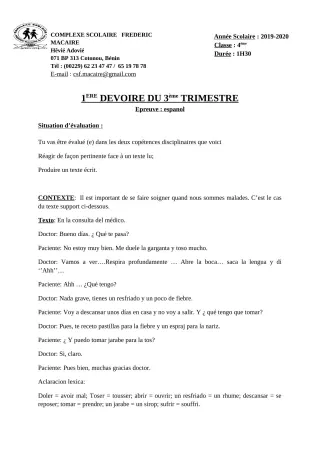 Première page de Espagnol 4e, 4e ML — 1er devoir surveillé, 3e trimestre (2019-2020) · CPEG Frédéric Macaire