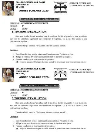 Première page de Français 6e, 5e, 4e, 4e ML, 2nde A1, 2nde A2, 2nde C, 2nde D, 1ère A1, 1ère A2, 1ère C, 1ère D — 1er devoir surveillé, 2e trimestre (2020-2021) · CCJPII DJOUGOU