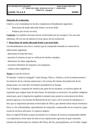 Première page de Espagnol Tle A2, Tle B — 2e devoir surveillé, 1er semestre (2018-2019) · CEG Banikanni