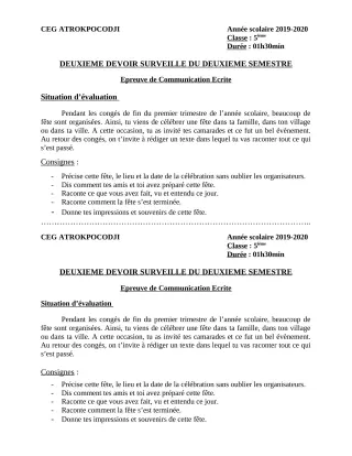 Première page de Français 5e — 2e devoir surveillé, 2e semestre (2019-2020) · CEG ATROKPOCODJI