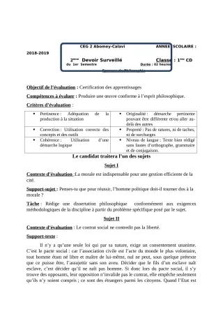 Première page de Philosophie 1ère C, 1ère D — 2e devoir surveillé, 1er semestre (2018-2019) · CEG2 ABOMEY - CALAVI (CEG ZOCA)