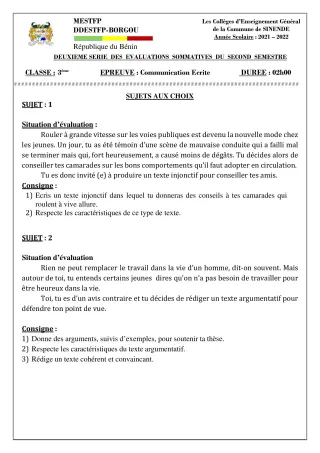 Première page de Français 3e — 2e évaluation sommative, 2e semestre (2021-2022) · CEG SEKERE