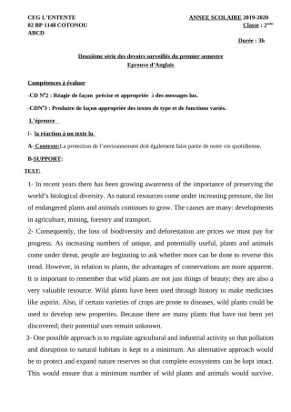 Première page de Anglais 2nde A2, 2nde B, 2nde C, 2nde D — 2e devoir surveillé, 1er semestre (2019-2020) · CEG L'Entente