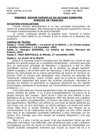 Première page de Français Tle A2, Tle B, Tle C, Tle D — 1er devoir surveillé, 2e semestre (2019-2020) · CEG du Lac