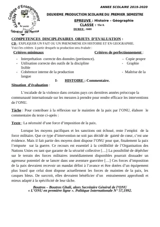 Première page de Histoire-Géographie 6e, 5e, 4e, 4e ML, 3e, 3e ML, 2nde A, 2nde D, 1ère A, 1ère D, Tle A, Tle D — 2e production scolaire, 1er semestre (2019-2020) · CEG Perma