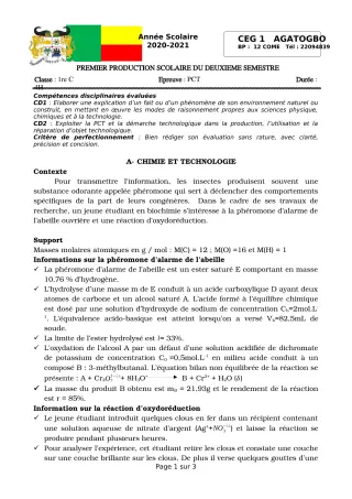 Première page de PCT 1ère C — 1re production scolaire, 2e semestre (2020-2021) · CEG 1 Agatogbo