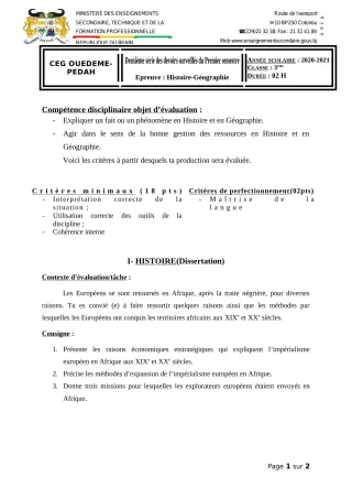 Première page de Histoire-Géographie 3e — 2e devoir surveillé, 1er semestre (2020-2021) · CEG OUEDEME PEDAH