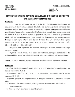 Première page de Mathématiques 3e, 3e ML — 2e devoir surveillé, 2e semestre (2018-2019) · CEG PAHOU
