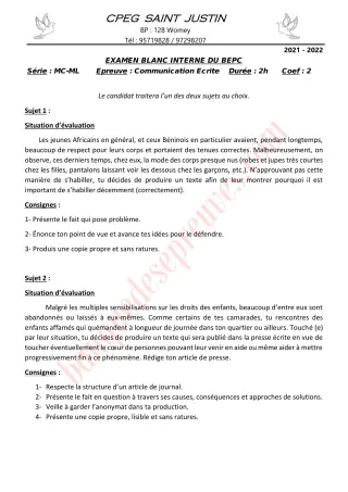 Première page de BEPC blanc 2022 communication écrite cpeg saint justin