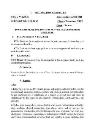 Première page de Anglais Tle A1, Tle A2, Tle B, Tle C, Tle D — 2e devoir surveillé, 1er semestre (2020-2021) · CEG LE NOKOUE