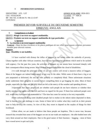 Première page de Anglais 1ère A2, 1ère B, 1ère C, 1ère D — 1er devoir surveillé, 2e semestre (2020-2021) · CEG FIYEGNON