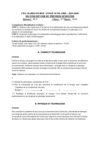 Première page de PCT 6e — 2e devoir surveillé, 1er semestre (2019-2020) · CEG MAREGOUROU