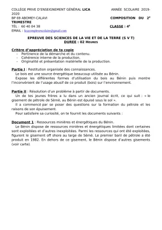 Première page de SVT 4e, 4e ML — Composition, 1er trimestre (2019-2020) · CPEG LICA