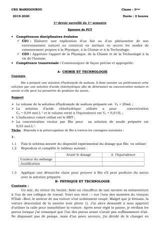 Première page de PCT 3e — 1er devoir surveillé, 1er semestre (2019-2020) · CEG MAREGOUROU