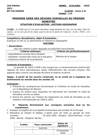 Première page de Histoire-Géographie 1ère C, 1ère D — 1er devoir surveillé, 1er semestre (2020-2021) · CEG PAHOU