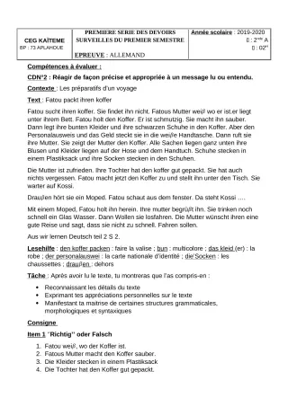 Première page de Allemand 2nde A2 — 1er devoir surveillé, 1er semestre (2019-2020) · CEG Kaïtèmè