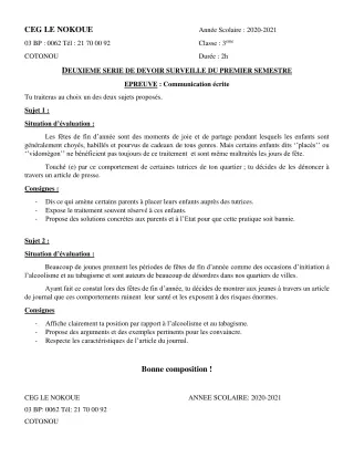 Première page de Français 3e, 3e ML — 2e devoir surveillé, 1er semestre (2020-2021) · CEG LE NOKOUE