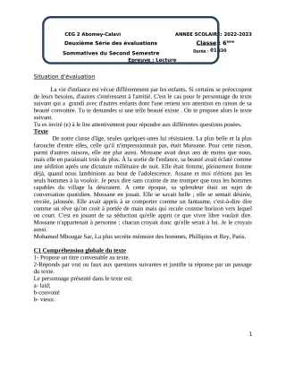 Première page de Français 6e — 2e évaluation sommative, 2e semestre (2022-2023) · CEG2 ABOMEY - CALAVI (CEG ZOCA)