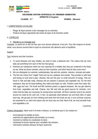 Première page de Anglais 3e — 2e devoir surveillé, 1er semestre (2022-2023) · CEG SEKERE