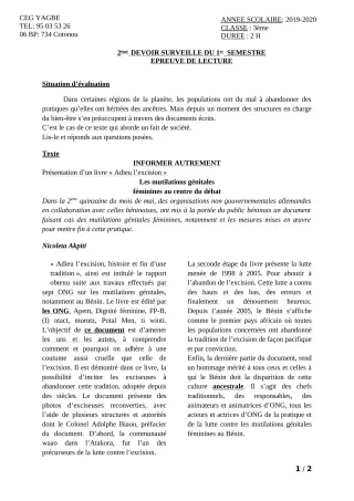 Première page de Français 3e, 3e ML — 2e devoir surveillé, 1er semestre (2019-2020) · CEG Yagbe
