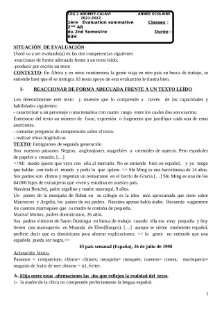 Première page de Espagnol 2nde A & B — 1re évaluation sommative, 2e semestre (2021-2022) · CEG2 ABOMEY - CALAVI (CEG ZOCA)
