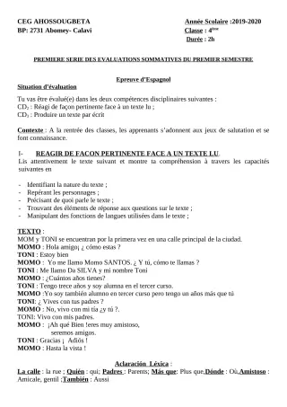 Première page de Espagnol 4e ML — 1re évaluation sommative, 1er semestre (2019-2020) · CEG Ahossougbéta