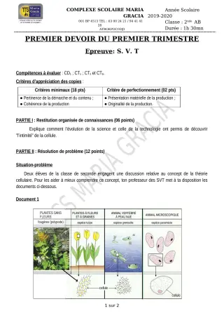Première page de SVT 2nde A, 2nde B — 1er devoir surveillé, 1er trimestre (2019-2020) · CPEG MARIA GRACIA