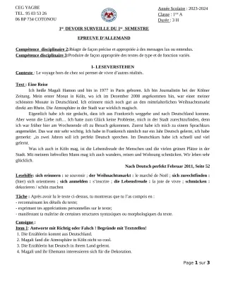 Première page de Allemand 1ère A1 — 1er devoir surveillé, 1er semestre (2023-2024) · CEG Yagbe