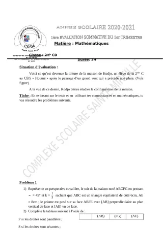 Première page de Mathématiques 6e, 5e, 4e, 3e, 2nde A2, 2nde B, 2nde D, 1ère A2, 1ère B, 1ère D, Tle A2, Tle B, Tle D — 1er trimestre (2021-2022) · CPEG SAINTE MIREILLE