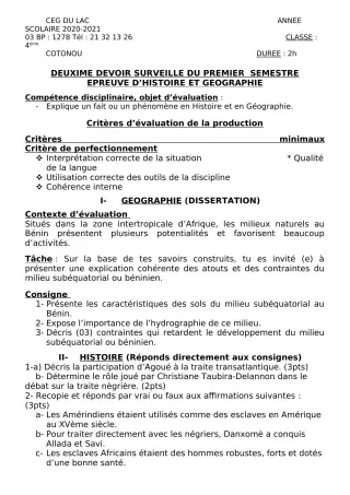 Première page de Histoire-Géographie 4e — Devoir surveillé, 1er semestre (2020-2021) · CEG du Lac