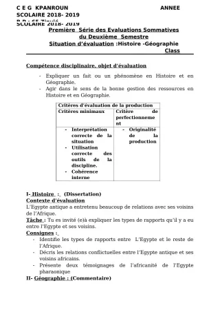 Première page de Histoire-Géographie 2nde A — 1re évaluation sommative, 2e semestre (2018-2019) · CEG Kpanroun