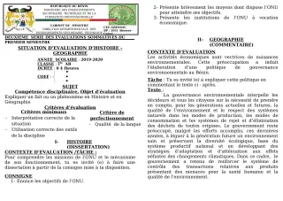 Première page de Histoire-Géographie Tle A1, Tle A2 — 2e évaluation sommative, 1er semestre (2019-2020) · CEG GBESSOU