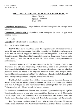 Première page de Allemand Tle A & B, Tle A1, Tle B — 2e devoir surveillé, 1er semestre (2019-2020) · CEG Attogon