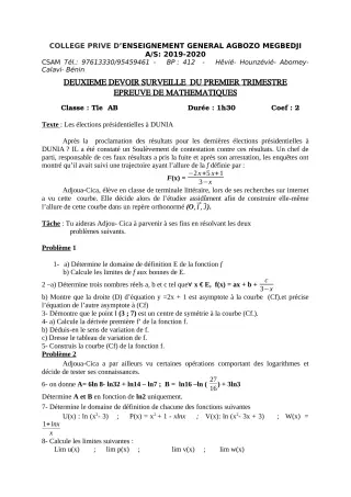 Première page de Mathématiques 6e, 5e, 4e, 4e ML, 3e, 3e ML, 2nde A, 2nde A1, 2nde A2, 2nde B, 2nde C, 2nde D, 1ère A, 1ère A1, 1ère A2, 1ère B, 1ère D, Tle A, Tle A1, Tle A2, Tle B, Tle C, Tle D — 2e devoir surveillé