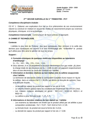 Première page de PCT 2nde C, 2nde D — 2e devoir surveillé, 1er trimestre (2019-2020) · CPEG LE PHARAON