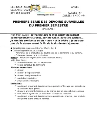 Première page de SVT 6e, 5e, 4e, 3e — 1er devoir surveillé, 1er semestre (2023-2024) · CEG Galata