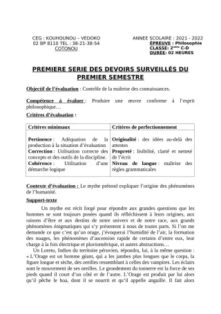 Première page de Philosophie 2nde C, 2nde D — 1er devoir surveillé, 1er semestre (2021-2022) · CEG Kouhounou-Vêdoko